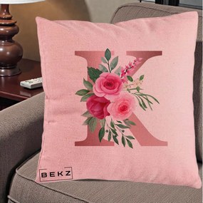 Cadou Personalizat - Perna Personalizata Monograma Rose Gold Litera K, 40x40 cm, Roz, Husa Detasabila, Perna Inclusa, BEKZ®