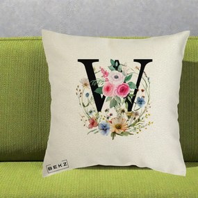 Cadou Personalizat - Perna Personalizata Monograma Florala Litera W, 40x40 cm, Ecru, Husa Detasabila, Perna Inclusa, BEKZ®