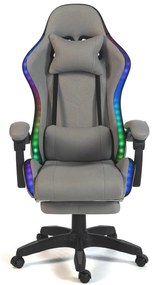 ALFORD Scaun gaming cu Masaj in 5 puncte, Perna lombara cu Masaj, Sistem iluminare banda LED RGB, Boxe Bluetooth, suport picioare, textil, Gri