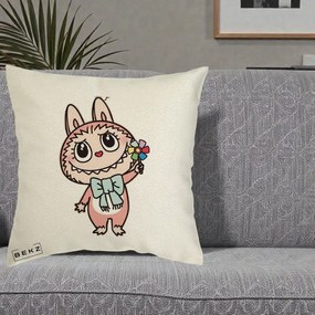 Perna Personalizata Labubu Roz cu Morisca, 40x40 cm, Ecru, Husa Detasabila, Perna Inclusa, BEKZ®