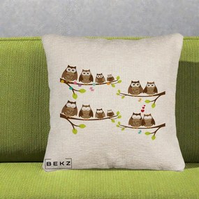 Perna Decorativa Familie de Bufnite pe Ramuri, 40x40 cm, Bej Canapea, Husa Detasabila, Perna Inclusa, BEKZ®