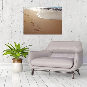 Tablou pe sticlă - urme în nisip și mare (70x50 cm)