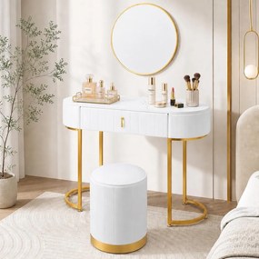 SEA75 - Set Masa toaleta, 100 cm, cosmetica, masa machiaj cu oglinda, masuta vanity cu scaun - Alb-Auriu