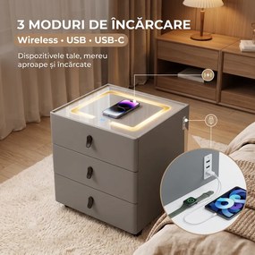 Noptieră inteligentă, încărcare Wireless și port USB+USB C, 3 sertare, 3 tipuri de iluminare LED touch, 3 tipuri de culoare, sticla securizata, Gri