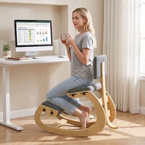 HOMCOM Scaun Ergonomic pentru Genunchi cu Spatar, Balansoar, Postural, In si Lemn Mesteacan, Gri | Aosom Romania