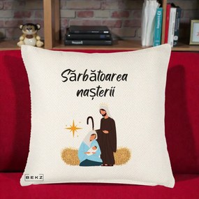 Perna Decorativa Nasterea Domnului Sfanta Familie Sarbatoarea Nasterii, 40x40 cm, Crem Reliefat, Husa Detasabila, Perna Inclusa, BEKZ®