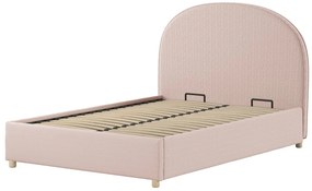 Pat tapițat pentru copii MOON, 140 x 200 cm, roz, cu țesătură bouclé și spațiu de depozitare – Vipack