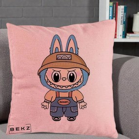 Perna Personalizata Labubu Toanart Blugi, 40x40 cm, Roz, Husa Detasabila, Perna Inclusa, BEKZ®