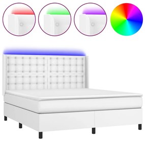 3139392 vidaXL Pat cu arcuri, saltea și LED, alb, 160x200 cm, piele ecologică