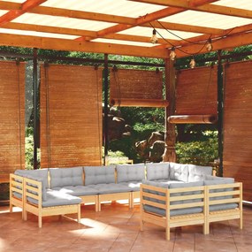 3097246 vidaXL Set mobilier de grădină cu perne gri, 9 piese, lemn masiv pin