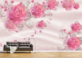 Tapet Premium Canvas - Flori roz si diamante