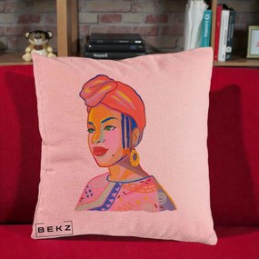 Perna Decorativa Portret Femeie Africana, 40x40 cm, Roz, Husa Detasabila, Perna Inclusa, BEKZ®