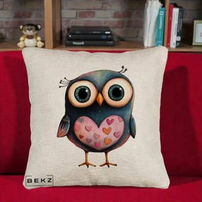Perna Decorativa Bufnita cu Inimioare Roz, 40x40 cm, Bej Canapea, Husa Detasabila, Perna Inclusa, BEKZ®
