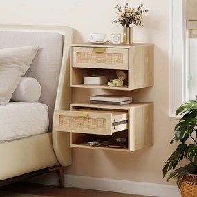 HOMCOM Set de 2 Noptiere Suspendate cu Sertar din Ratan Raft Deschis Economisire Spațiu 40x30x25 cm Stejar | Aosom Romania