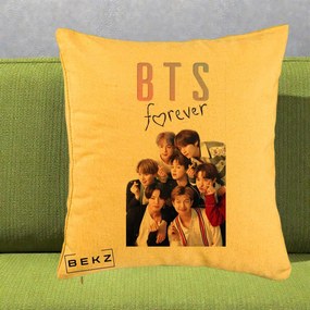 Perna Personalizata K-pop BTS Forever cu Foto Grup Negru, 40x40 cm, Galben, Husa Detasabila, Perna Inclusa, BEKZ®