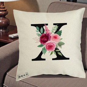 Cadou Personalizat - Perna Personalizata Monograma Florala Litera X cu Buchet, 40x40 cm, Ecru, Husa Detasabila, Perna Inclusa, BEKZ®