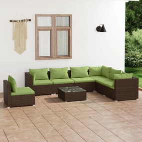 Set mobilier de gradina cu perne, 8 piese, maro, poliratan maro si verde, 4x mijloc + 3x colt + masa, 1