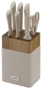 Set cuțite Klausberg KB 7984, 8 piese, Oțel inoxidabil, Ascuțitor, Mâner lemn de salcâm, Bej/lemn