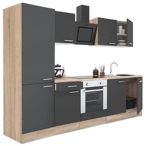 Mobilă de bucătărie Yorki 270, corp din stejar sonoma, față antracit satinat, element inferior cuptor, dulap raft