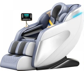 Fotoliu de masaj LUCIUS, cu Incalzire, Bluetooth, Display, Ecran tactil, Controler rapid cotiera, dispozitiv incarcare USB, Zero Gravity, 2 Boxe, Moduri Automate, Suport Picioare extensibil, Piele PU Premium, Alb
