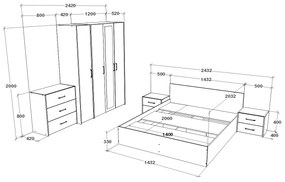 Set dormitor Malmo haaus V8, Pat 200 x 140 cm, Stejar Artisan/Argila