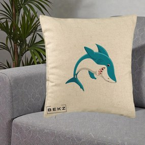 Perna Decorativa Rechin Albastru Cartoon, 40x40 cm, Bej, Husa Detasabila, Perna Inclusa, BEKZ®