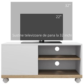 HOMCOM Dulap TV 42" Max cu 2 Rafturi deschise si Usa, Dulap TV Jos din PAL cu Roti, 80x45x39.5 cm, Alb | Aosom Romania