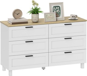 HOMCOM Comodă 6 sertare, corp de depozitare cu picioare din lemn de pin, stil modern, 120 x 38 x 71 cm, lemn natural și alb | Aosom Romania