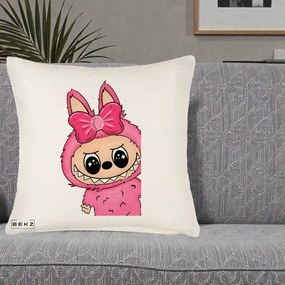 Perna Personalizata Labubu Roz cu Funda, 40x40 cm, Crem Reliefat, Husa Detasabila, Perna Inclusa, BEKZ®