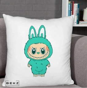 Perna Personalizata Labubu Turcoaz, 40x40 cm, Alb Pufos, Husa Detasabila, Perna Inclusa, BEKZ®