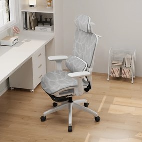 Scaun ergonomic, suport lombar dinamic, tetieră 3D, cotiere 3D, umeras, suport picioare, pivotant, Mesh, Alb/Gri