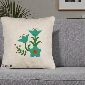 Perna Decorativa Flori Stilizate Folk Turcoaz, 40x40 cm, Bej Canapea, Husa Detasabila, Perna Inclusa, BEKZ®