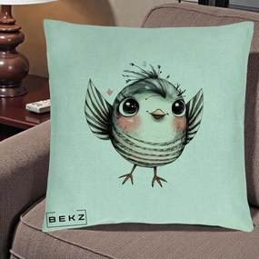 Perna Decorativa Pasare Gri cu Aripi si Inimioare, 40x40 cm, Verde Menta, Husa Detasabila, Perna Inclusa, BEKZ®