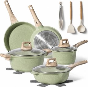 Set de oale Just Perfecto JL-33SET, 13 piese, Aluminiu, Acoperire marmura, Capac sticla, Fara PTFE si PFOA, Inductie, Verde
