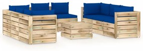 Set mobilier de gradina cu perne, 9 piese, lemn verde tratat albastru si maro, 9