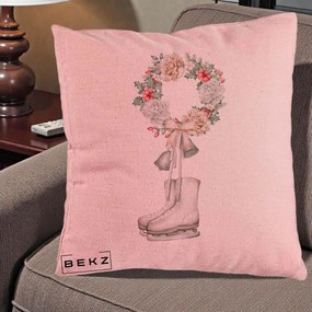 Perna Decorativa Patine cu Coroana Florala de Craciun, 40x40 cm, Roz, Husa Detasabila, Perna Inclusa, BEKZ®