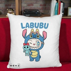 Perna Personalizata Labubu x Stitch cu Flori, 40x40 cm, Alb Pufos, Husa Detasabila, Perna Inclusa, BEKZ®