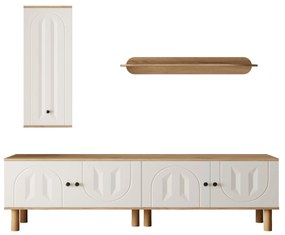 Set mobilier living 3 piese, compus din dulap înalt, comodă joasă și etajeră de perete, Culoare naturală