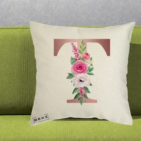 Cadou Personalizat - Perna Personalizata Monograma Rose Gold Litera T, 40x40 cm, Ecru, Husa Detasabila, Perna Inclusa, BEKZ®