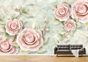 Tapet Premium Canvas - Flori roz cu fundal verde