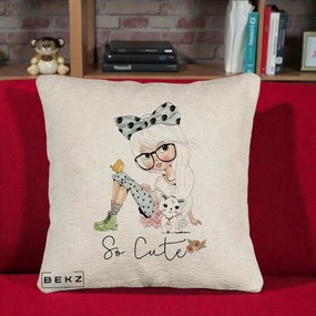Perna Decorativa So Cute Fata Fashion, 40x40 cm, Bej Canapea, Husa Detasabila, Perna Inclusa, BEKZ®