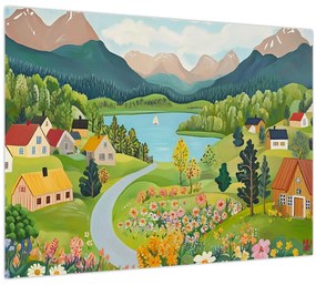 Tablou pe sticlă - Sat în Munți (70x50 cm)