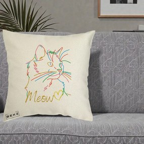 Perna Personalizata Pisica Meow Arta Linie Colorata, 40x40 cm, Ecru, Husa Detasabila, Perna Inclusa, BEKZ®