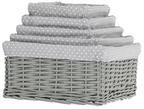 Set coșuri de răchită cu țesătură buline gri, 5 buc., 5 dimensiuni, 48 x 18 x 37 cm