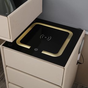 Set ISIDORE, Masă de toaletă pentru machiaj, incarcare Wireless+USB, oglindă iluminată LED, control touch, trei tipuri culoare, 6 sertare, comodă iluminata LED, difuzor Bluetooth, scaun, 80 cm
