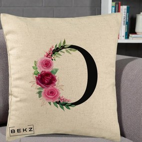 Cadou Personalizat - Perna Personalizata Monograma Florala Litera O, 40x40 cm, Bej, Husa Detasabila, Perna Inclusa, BEKZ®