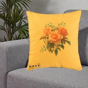 Perna Decorativa Trandafiri Roz cu Floricele Albastre, 40x40 cm, Galben, Husa Detasabila, Perna Inclusa, BEKZ®