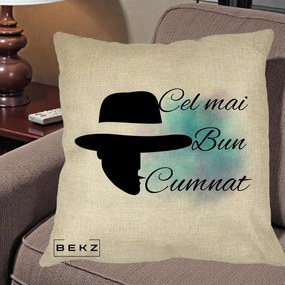 Cadou pentru Cumnat - Perna Personalizata Cel mai Bun Cumnat cu Silueta Palarie si Pete Teal-Roz, 40x40 cm, Crem, Husa Detasabila, Perna Inclusa, BEKZ®
