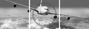 Tablou - Avion în nori, alb și negru (cu ceas) (90x30 cm)