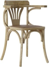 Scaun dining cu brațe din lemn de ulm, natur, spătar sculptat în evantai și șezut din ratan împletit, finisaj natural, 78 x 57 x 46 cm, „Sophie”
